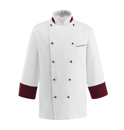 Tunica bucatar, model Nanotech Bordeaux, cu maneca lunga, realizata din bumbac 100%, culoare alba si mansete bordeaux, butoni de culoare bordeaux, marimea S