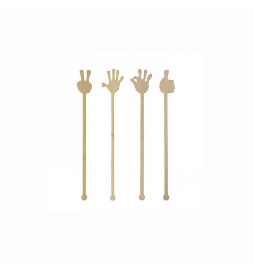 Set 100 agitatoare cocktail din bambus, model Hands, biodegradabile, lungime 210mm