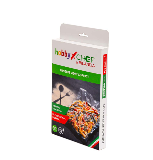 Set 100 pungi gofrate pentru aparatele de vidat si lipit, grosime 105 microni, dimensiuni 200x300mm