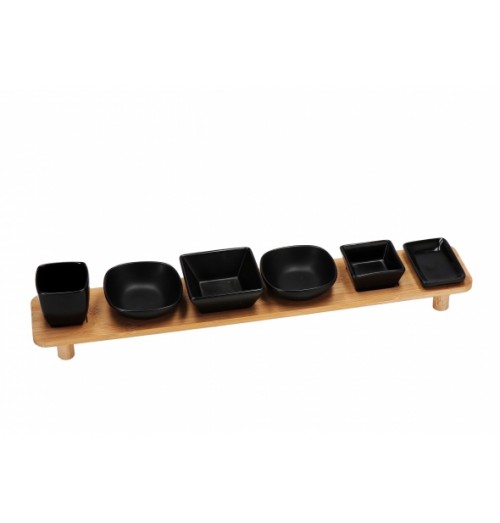 Set 6 boluri din portelan cu suport din bambus
