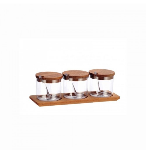 Set tava cu 3 borcane cu capac de lemn, dimensiuni 285x90mm
