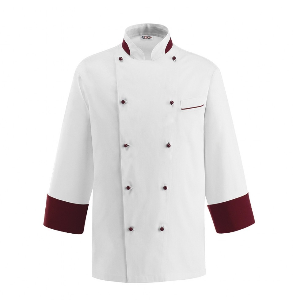 Tunica bucatar, model Nanotech Bordeaux, cu maneca lunga, realizata din bumbac 100%, culoare alba si mansete bordeaux, butoni de culoare bordeaux, marimea S