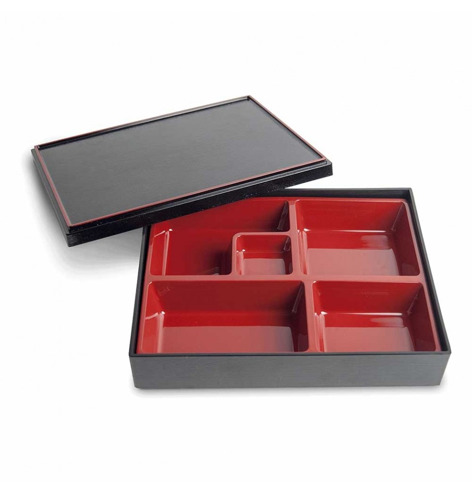 Cutie japoneza Bento Box cu 5 compartimente, culoare negru cu rosu, dimensiuni 275x215x60hmm