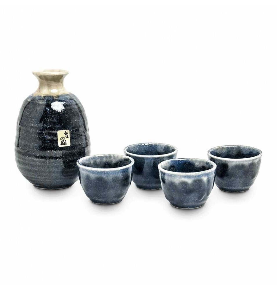 Set 5 piese pentru sake, capacitate 300ml, culoare albastru, set compus din carafa si 4 pahare, ceramica