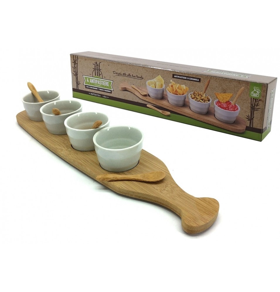 Set platou din lemn si 4 boluri cu lingurite, lungime 440mm