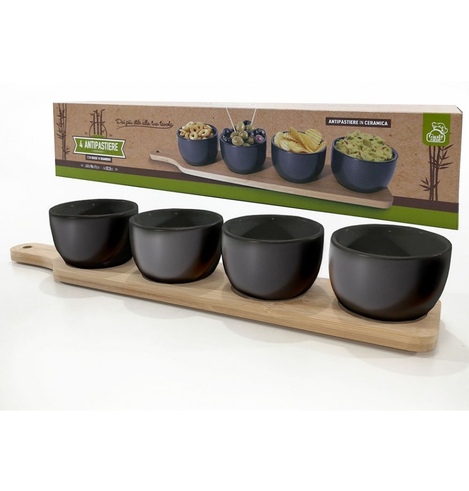 Set suport din lemn cu 4 boluri negre, dimesiuni suport 390x80 mm