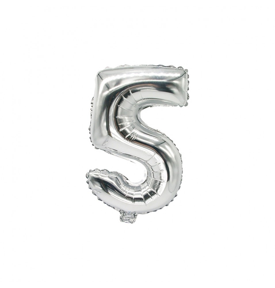 Balon folie, numarul: 5, dimensiune 35 cm x 20 cm, culoare argintiu