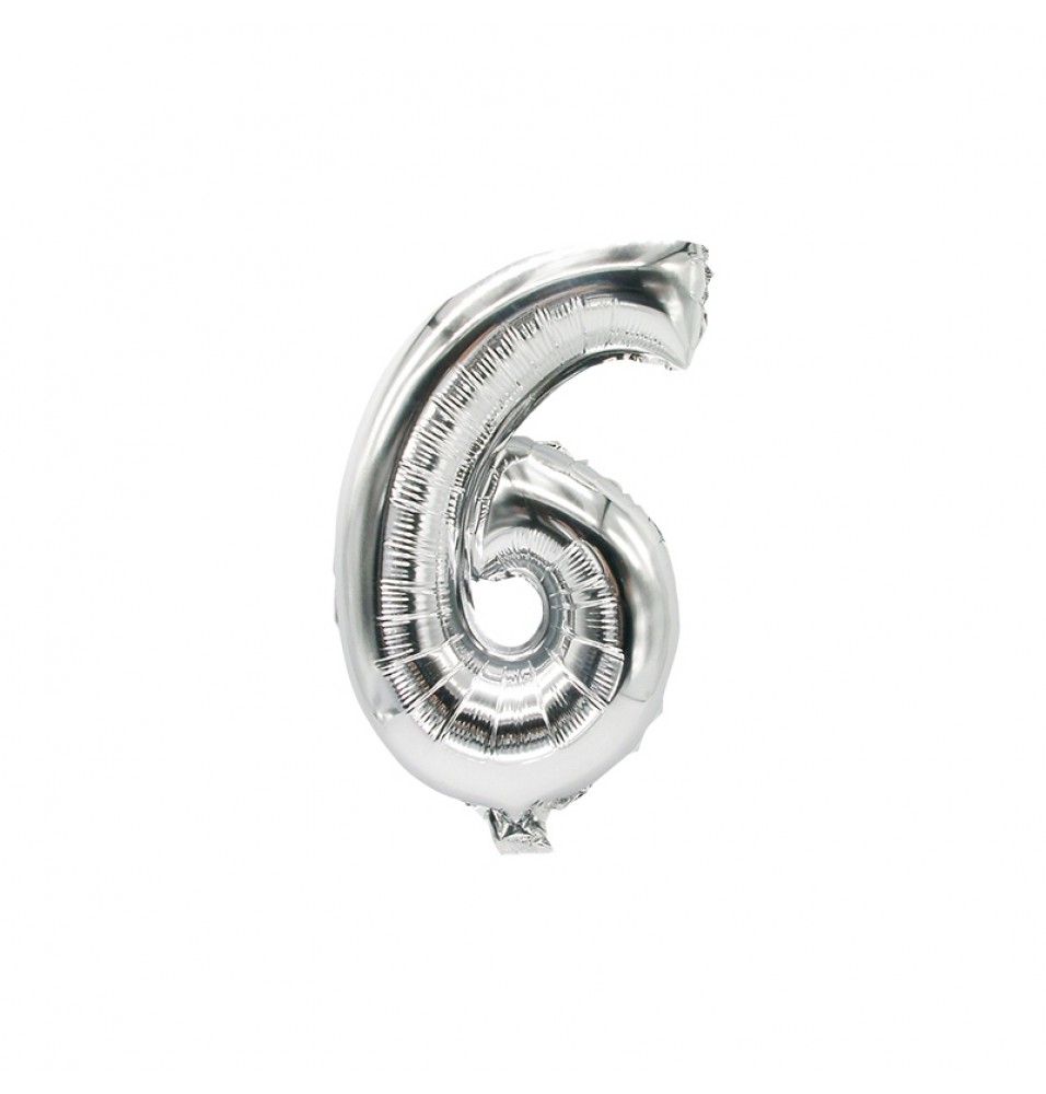 Balon folie, numarul: 6, dimensiune 35 cm x 20 cm, culoare argintiu
