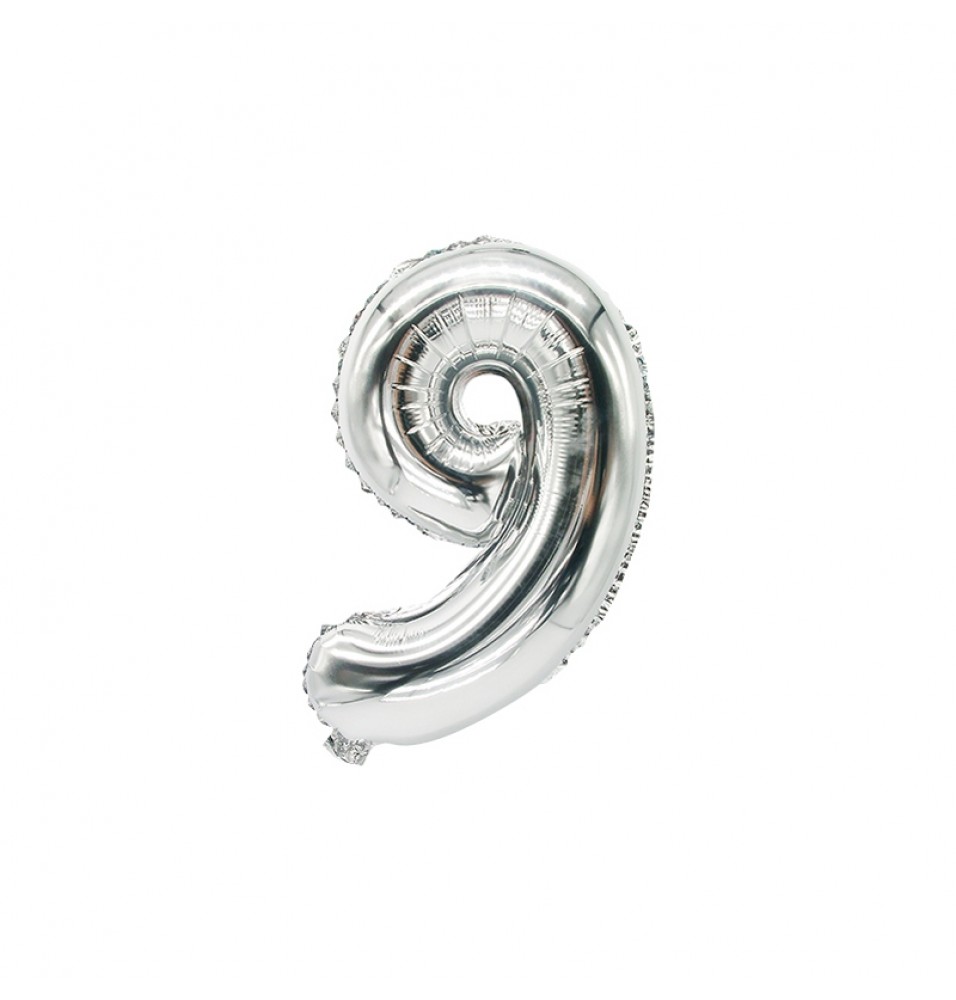 Balon folie, numarul: 9, dimensiune 35 cm x 20 cm, culoare argintiu