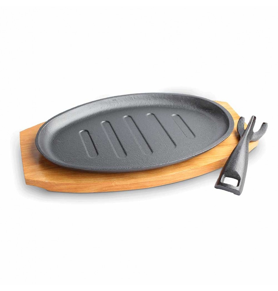 Set oval plita pentru sevit/gatit format din platou din lemn, placa grill si furca