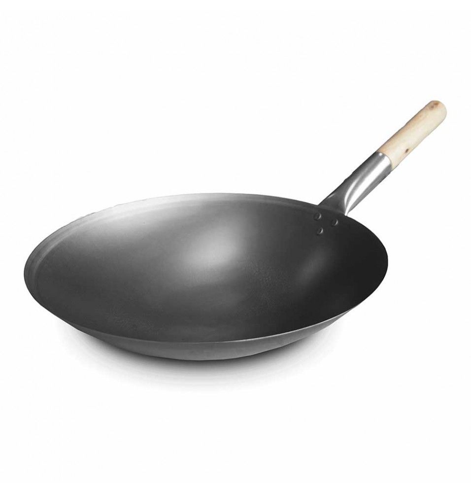 Wok chinezesc cu maner din lemn, diametru 400mm, fier