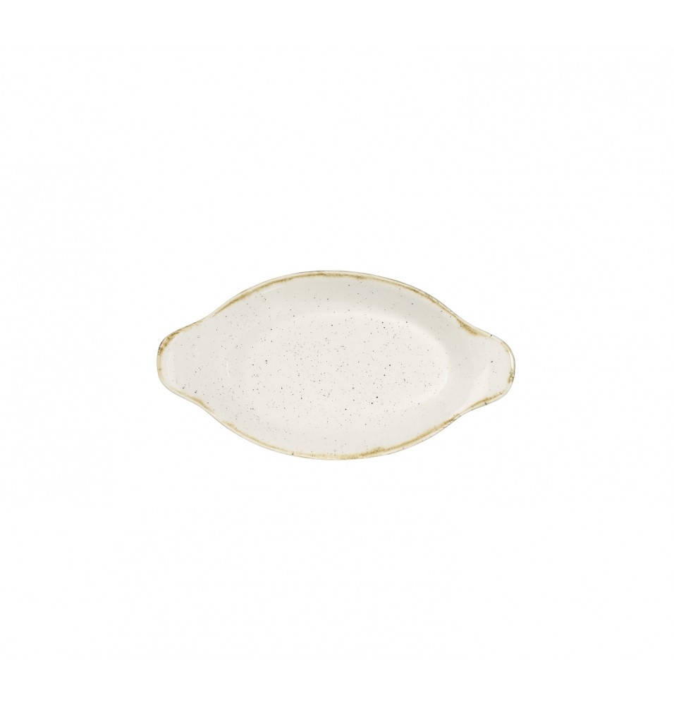 Platou oval, portelan super-vitrifiat de culoare Barley White glazurat pe toata suprafata, dimensiuni 205x113mm