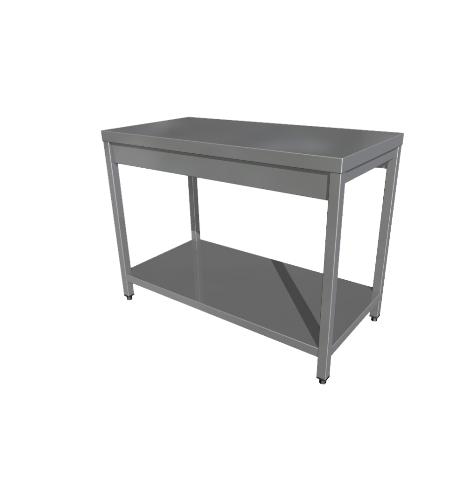 Masa centrala, inox, cu polita inferioara, blat din tabla inox AISI304 rigidizat cu PAL, dimensiuni 2000x700x850mm