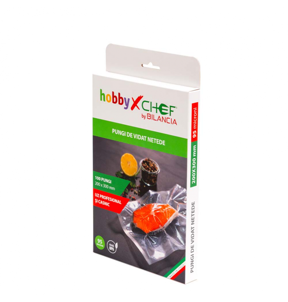 Set 100 pungi netede pentru masinile de vidat, grosime 95 microni, dimensiuni 200x300mm