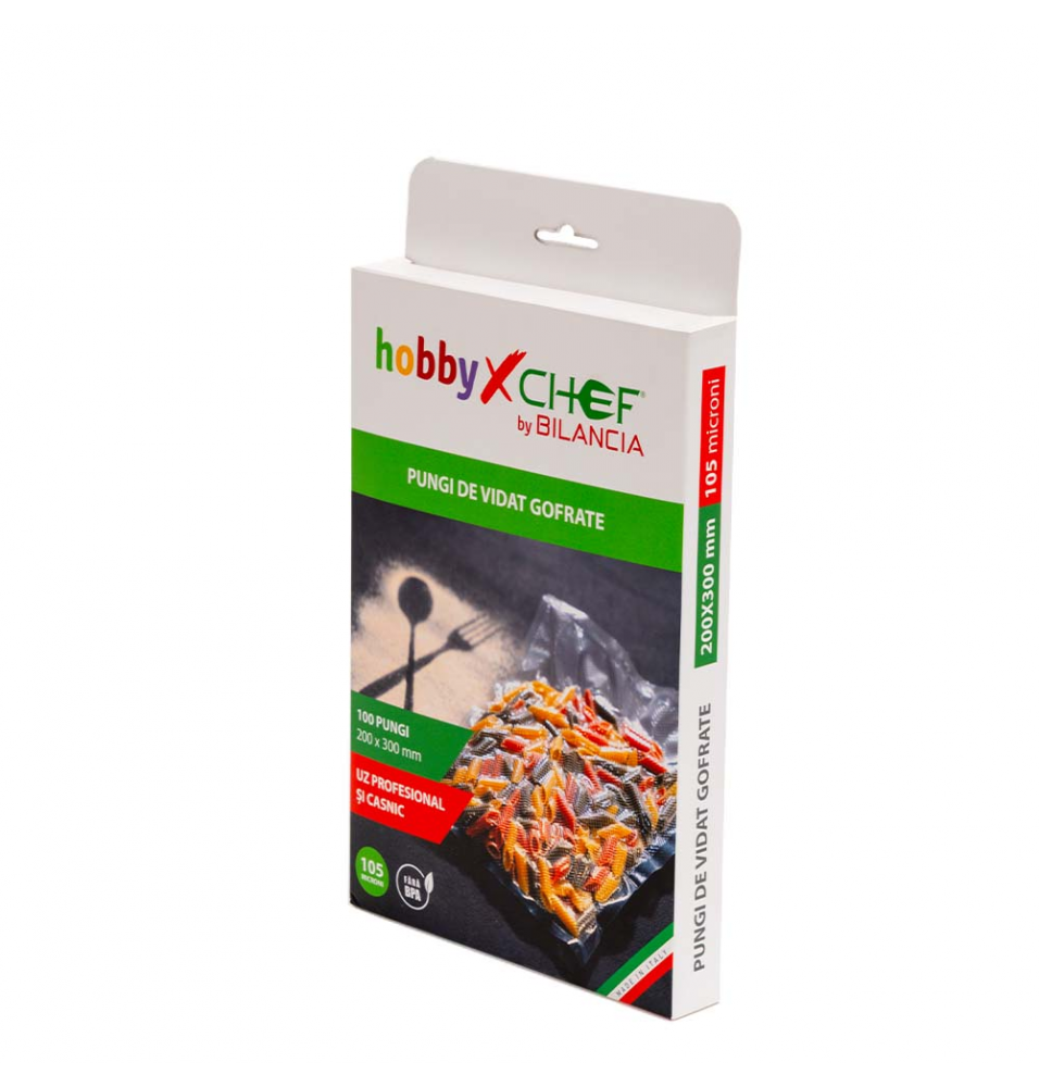 Set 100 pungi gofrate pentru aparatele de vidat si lipit, grosime 105 microni, dimensiuni 200x300mm