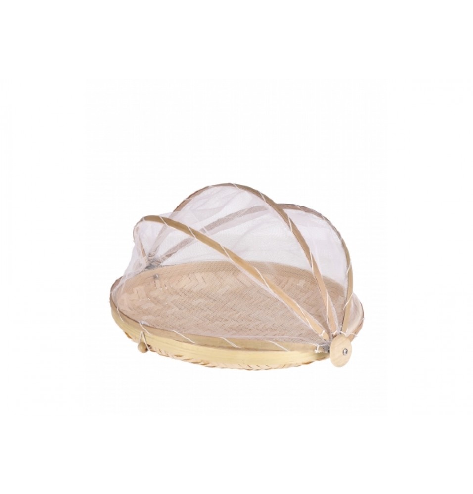 Platou rotund din bambus cu cupola din plasa pentru protectie