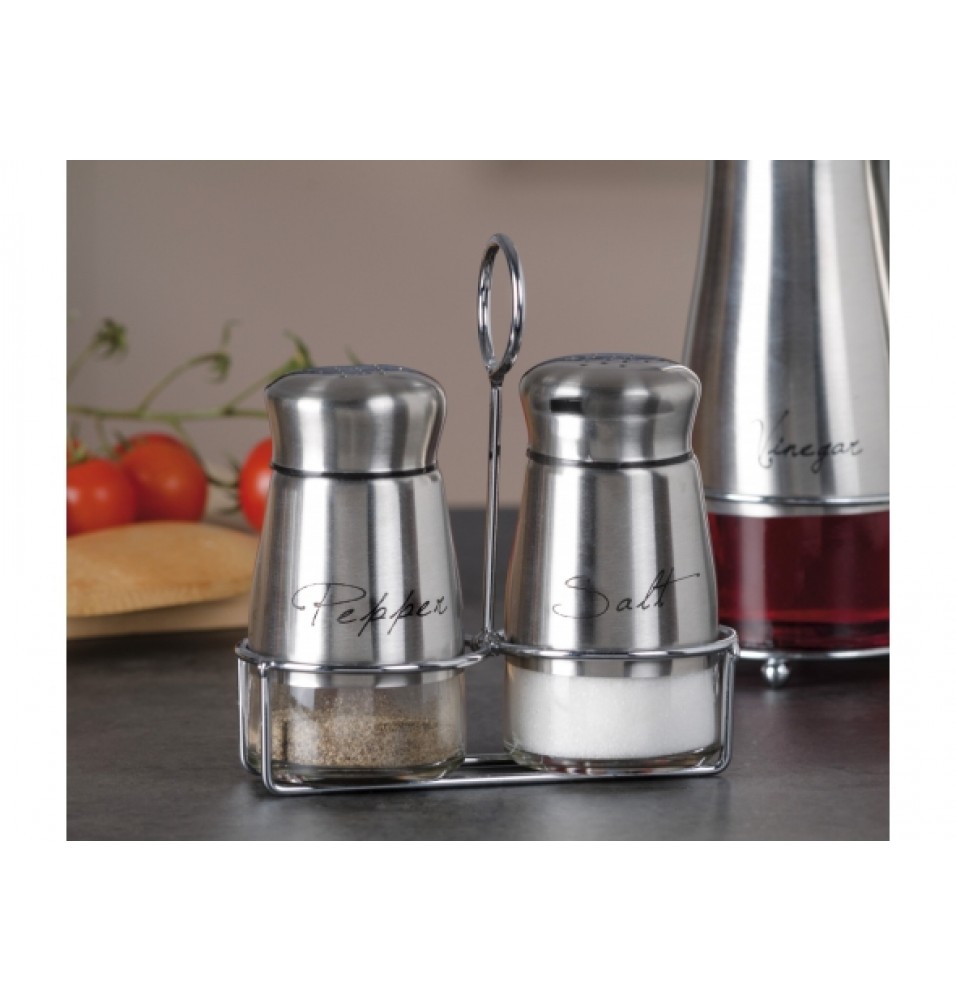 Set solnita sare si pieper cu suport din inox