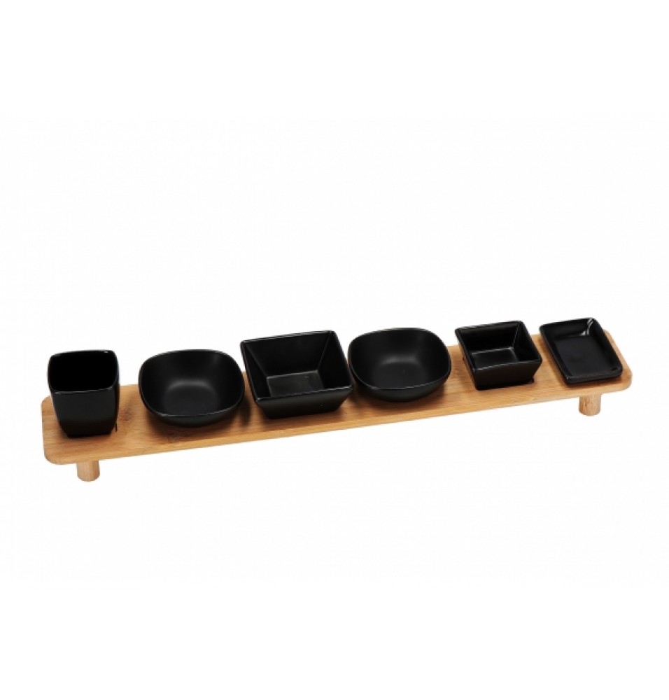 Set 6 boluri din portelan cu suport din bambus