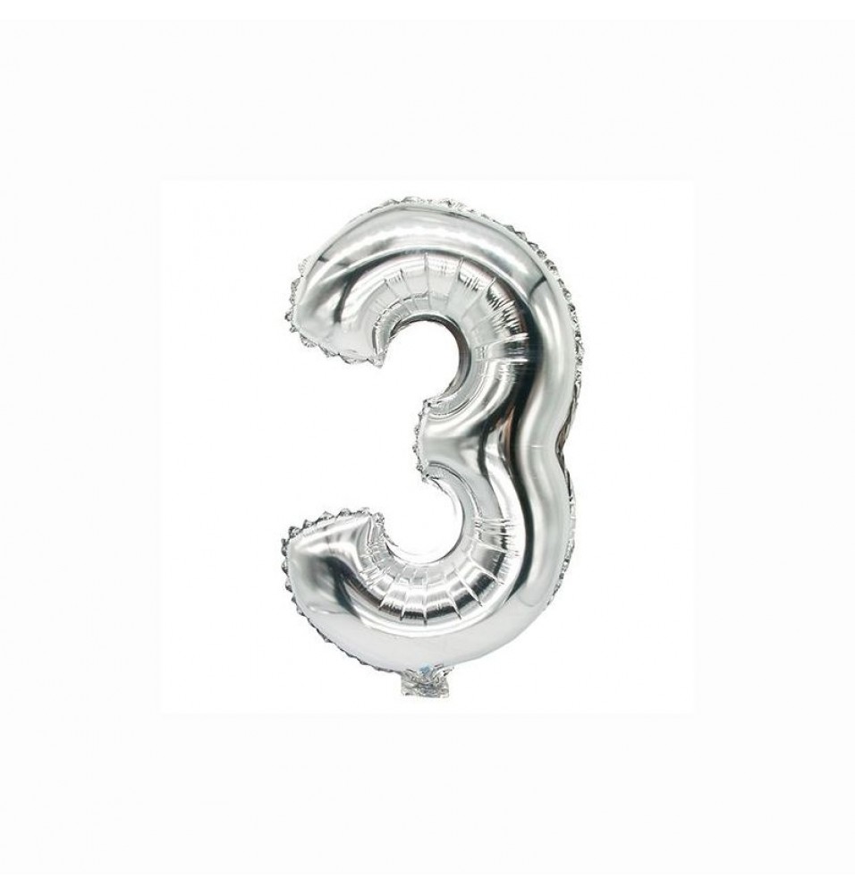 Balon folie, numarul: 3, dimensiune 35 cm x 20 cm, culoare argintiu
