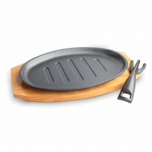 Set oval plita pentru sevit/gatit format din platou din lemn, placa grill si furca
