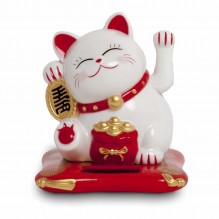 Pisicuta alba Maneki Neko cu incarcare solara, dimensiuni 65x70x75mm