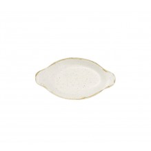 Platou oval, portelan super-vitrifiat de culoare Barley White glazurat pe toata suprafata, dimensiuni 205x113mm