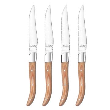 Set 4 cutite pentru friptura, maner din lemn, culoare natural