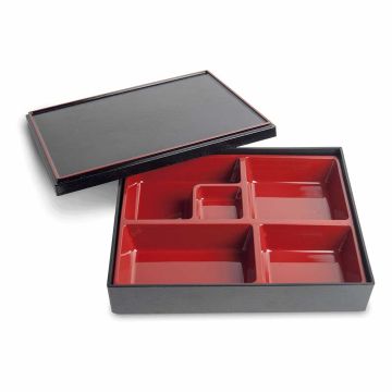 Cutie japoneza Bento Box cu 5 compartimente, culoare negru cu rosu, dimensiuni 275x215x60hmm