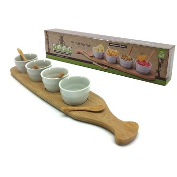 Set platou din lemn si 4 boluri cu lingurite, lungime 440mm