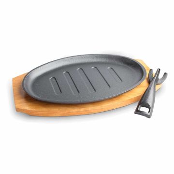 Set oval plita pentru sevit/gatit format din platou din lemn, placa grill si furca