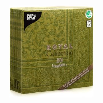 Set 50 servetele, model Ornaments, culoare Olive Green, dimensiuni 400x400mm