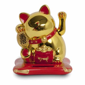 Pisicuta aurie Maneki Neko cu incarcare solara dimensiuni 65x70x75mm