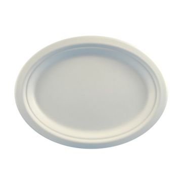 Set 50 farfurii ovale, dimensiune 260x200x20mm, culoare alba, unica folosinta, fabricate din trestie de zahar