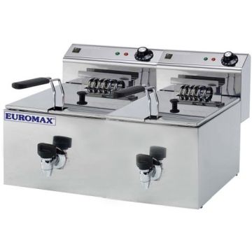 Friteuza electrica, capacitate 10+10 litri, cu robineti, dimensiuni 655x445x360hmm, alimentare 380V, putere 2x6000W
