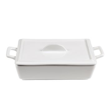 Caserola rectangulara cu 2 manere, din portelan alb, dim.140x100xH35mm+Capac rectangular din portelan alb