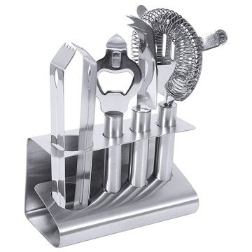 Set 5 ustensile pentru barman, compus din: suport + strecuratoare cocktail + cleste + desfacator sticle + cutit, inox 18/10 cu finisaj lucios, dimensiuni 130x70x170mm