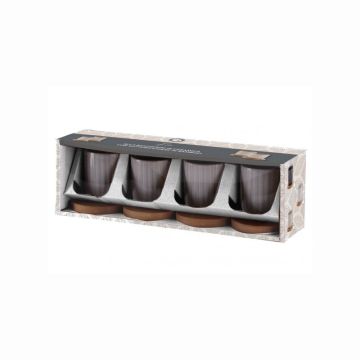 Set 4 pahare din ceramica cu suport din bambus, diametru pahar 60mm, inaltime pahar 70mm, diametru suport 75mm, diverse culori