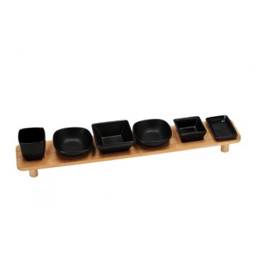 Set 6 boluri din portelan cu suport din bambus