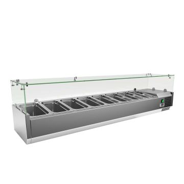 Vitrina de ingrediente, inox, capacitate 8 GN1/3, dimensiuni 1800x395x440mm, alimentare 220V, putere 180W, greutate 55kg